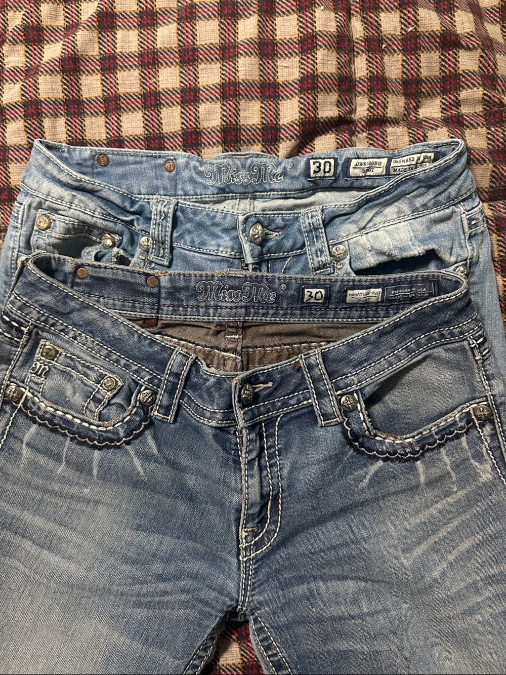 2 pairs of Miss Me Women's Boot Cut Jeans with Embroidered Pockets